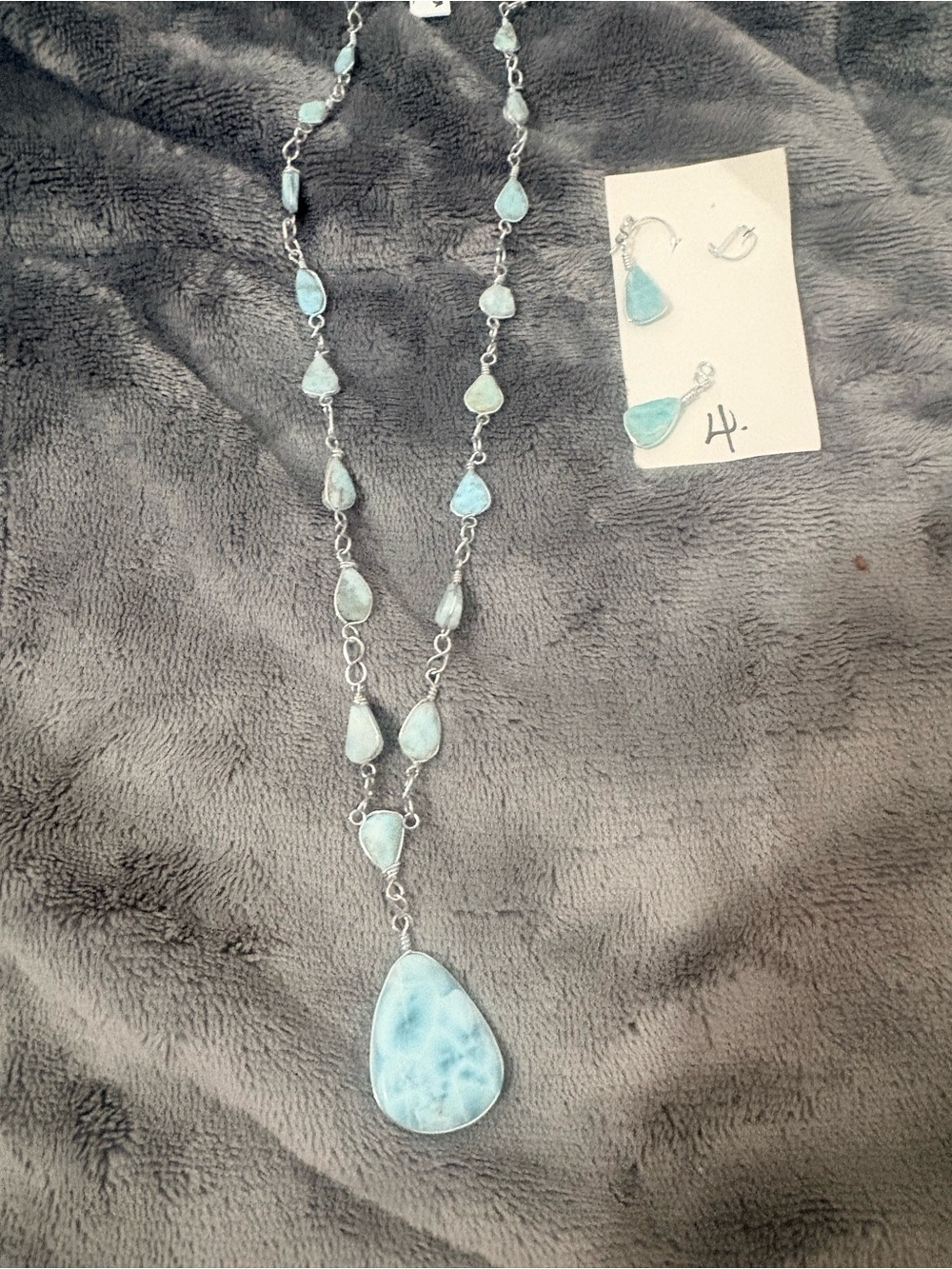 Larimar Teardrop Pendant Necklace and Earring Set - Aqua Blue